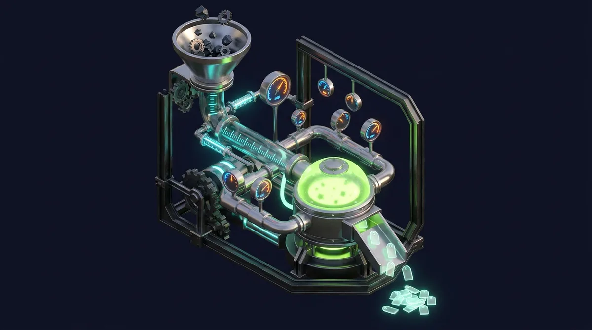 Potion Making Machine | CAQA QMS An isometric rendering depicts a complex steampunk-style potion making machine, illustrating creative quality management.