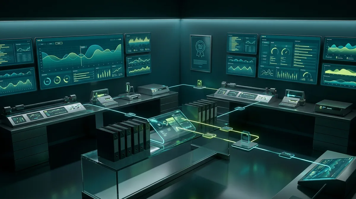 Quality Audit Room | CAQA QMS A futuristic control room displays quality audit data on multiple monitors.