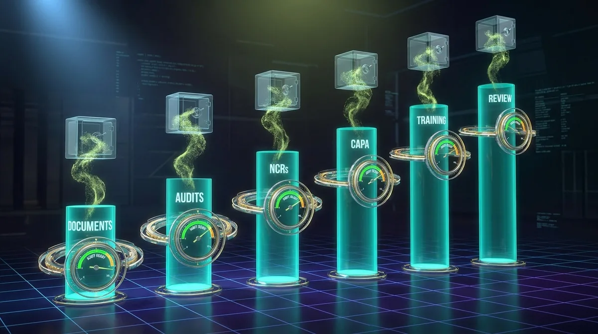 Quality Control Metrics | CAQA QMS A graphic displays quality control metrics such as audits and documents for a quality management system.